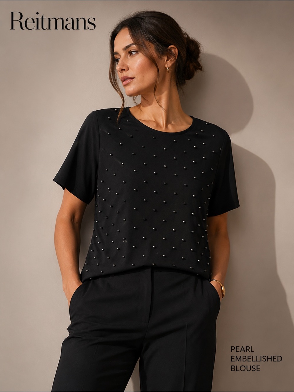 Reitmans Pearl Embellished Blouse NWT Black Size Medium